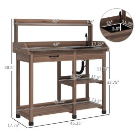 Potting Bench Table, Outdoor Garden Table Wooden Work Station With Removable Sink, Faucet, Drawer, Shelves, Hooks, Dark Brown
