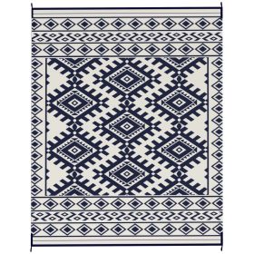 Reversible Outdoor Rug, Waterproof Plastic Straw With Carry Bag, 8 X 10, Blue  White Rhombus Border