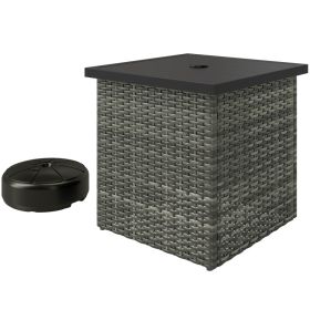 Wicker Side Table With 1.5 Umbrella Hole, Square Outdoor End Table With UV-Resistant Frame, Storage Space, Mixed-Gray