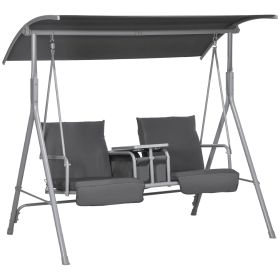 2-Seater Outdoor Porch Swing with Canopy and Table, Patio Swing Chair for Garden, Poolside, Backyard, Gray