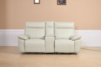 Beige Recliner Sofa with USB Ports, Side Pockets for Living Room Bedroom-Leather