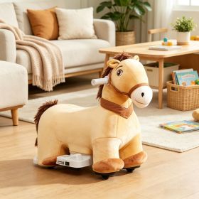 Brown 6V Electric Ride On Pony: Battery Powered Toddler Toy with Music, Forward Movement & Silent PU Wheels for 18-36 Months Old