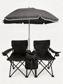 Portable Folding Picnic Chair Set with Umbrella, 2-Person Outdoor Camping Chairs Cup Holders, Foldable Beach Chair Set for Patio, Camping, Backyard