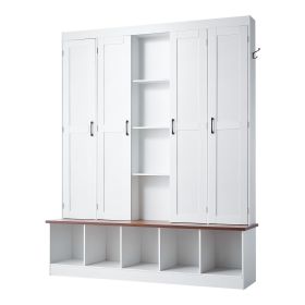 Hall Tree with Bench and Shoe Storage, 63" Wide, 4-in-1 Entryway Hall Tree with Bench, Hanging Hooks, Storage Cabinet, and Shoe Cabinet