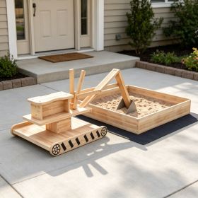 Kids Wooden Sandbox with Digger And 360 Rotating Seat Bottom Liner Included 72" x 35" x 22"