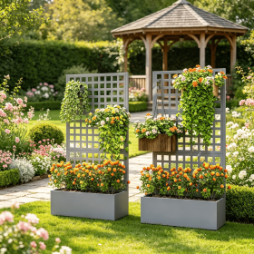 Gray Galvanized Steel Raised Garden Bed Planter Box with Trellis for Climbing Plants Vegetables Vines 35x16x70 Cm