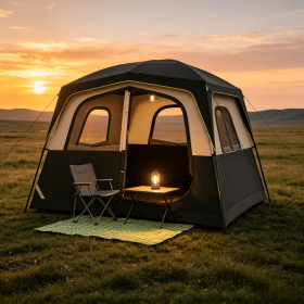 6-Person Family Camping Tent Easy Setup Cabin Style with Top Rainfly And Mesh Windows for Comfortable Outdoor Stay