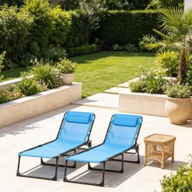 Sky Blue Set of 2 Folding Chaise Lounge Chairs Outdoor Reclining Sun Tanning Chairs for Garden Poolside Relaxation