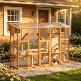 Orange Catio Playground Cat Window Box for Multiple Cats with Shelves And Bridges Outdoor Enclosure