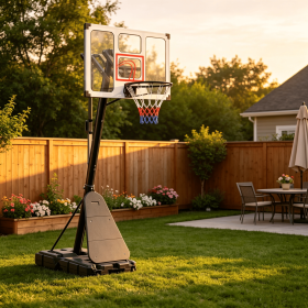 Portable basketball basket with adjustable height of 4.9-10 feet, equipped with a refillable base and ball storage, suitable for home gyms