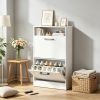 White Slim Tilt Down Shoe Storage Cabinet with Adjustable Dividers for Entryway Hallway