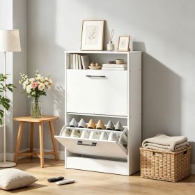 White Slim Tilt Down Shoe Storage Cabinet with Adjustable Dividers for Entryway Hallway
