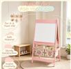 Pink covered toy box and easel, with paper roll blackboard whiteboard, cute fox design