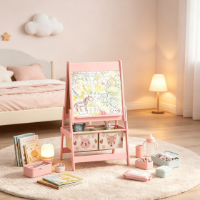 Pink covered toy box and easel, with paper roll blackboard whiteboard, cute fox design