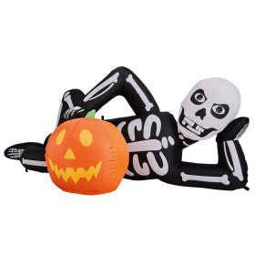 7ft Inflatable Halloween Decor with Lying Skeleton, 7 Built-in LED Lights, Black & White, 12V 1250mA US Power Adapter