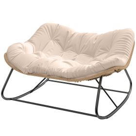 Indoor Outdoor Double Papasan Rocking Chair, Oversized Rocking Egg Chair with Cushion for Garden, Patio, Cream White
