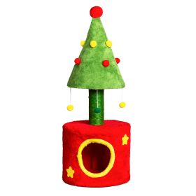 30in Cat Scratching Post with Cat House for Indoor Kitten, Small Cat Tree Tower with Sisal Post and Cute Hanging Balls, Red & Green