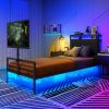 Twin Size Gaming Bed With a Rotating TV Mount Suitable for 65 Inch TVS And Metal Mesh Frame,Vented Console Storage, iron bed with Led and Powercoard