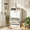 White Slim Tilt Down Shoe Storage Cabinet with Adjustable Dividers for Entryway Hallway