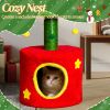30in Cat Scratching Post with Cat House for Indoor Kitten, Small Cat Tree Tower with Sisal Post and Cute Hanging Balls, Red & Green