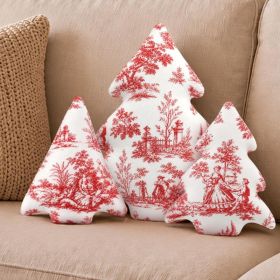 3 Pcs Red Toile Christmas Tree Pillows Vintage Cushion Decor (Option: Red)