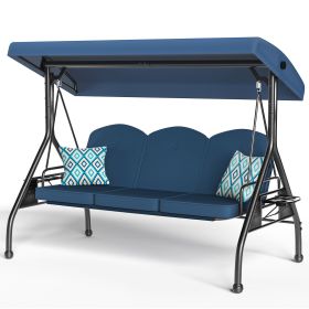 3 Seat Outdoor Porch Patio Swing with Stand 800lbs 2-in-1 Convertible Swing Bed (Round Tube) (Color: Blue)