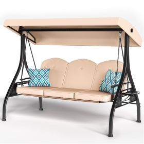 3 Seat Outdoor Porch Patio Swing with Stand 800lbs 2-in-1 Convertible Swing Bed (Square Tube) (Color: Khaki)
