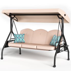 3 Seat Outdoor Porch Patio Swing with Stand 800lbs 2-in-1 Convertible Swing Bed (Round Tube) (Color: Khaki)