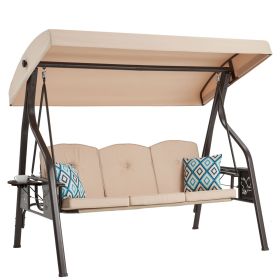 3-Seat Outdoor Porch Swing with Stand, Patio Swing with Canopy (Color: Khaki)