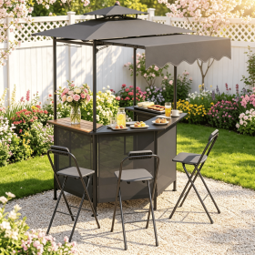 BBQ Gazebo Canopy with 4 Slatted Metal Shelves Outdoor Kitchen Island with 6 Hanging Hooks And 2-Row Glass Holders for Patio (Color: Black)