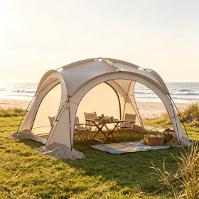 Dome Beach Tent Canopy with 4 Removable Zippered Sidewalls for 12-15 People Easy Setup Outdoor Privacy Screen Protection (Color: Beige)