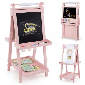 3-in-1 Double-sided Art Easel with Chalkboard and Magnetic Whiteboard (Color: Pink)