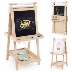 3-in-1 Double-sided Art Easel with Chalkboard and Magnetic Whiteboard (Color: Natural)