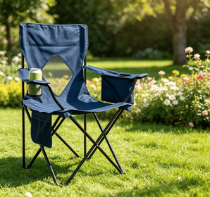 Folding Camping Chair Mesh Backrest Solid Metal Frame with Carrying Bag Outdoor Portable Reclining Camp Seat (Color: Blue + Black)