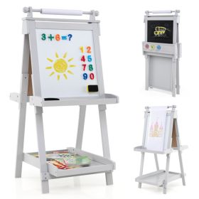 3-in-1 Double-sided Art Easel with Chalkboard and Magnetic Whiteboard (Color: Gray)