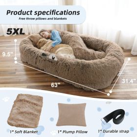 Human Dog Bed, Large Size Fits You and Pets, Washable Faux Fur Dog Bed for People Doze Off, Napping Orthopedic Dog Bed, Present Plump Pillow, Blanket (Color: Khaki, size: 5XL(63"L Ã—31.4"W Ã—9.5"Th))